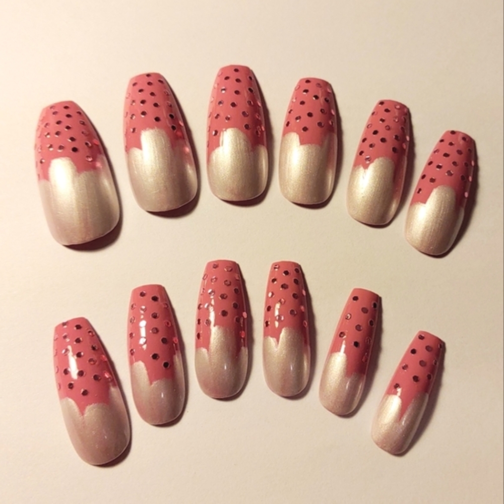 Pink And Pearl Glitter Press On Nails - New Hand Painted